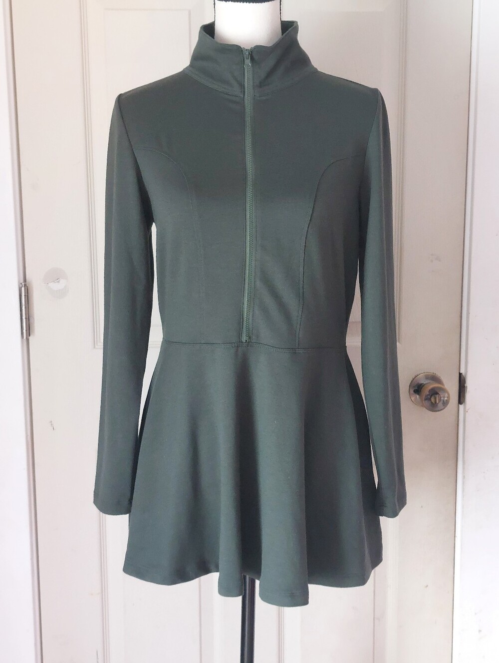 Attitudes By Renee Green French Terry Half Zip Long Sleeve Peplum Top Size XS